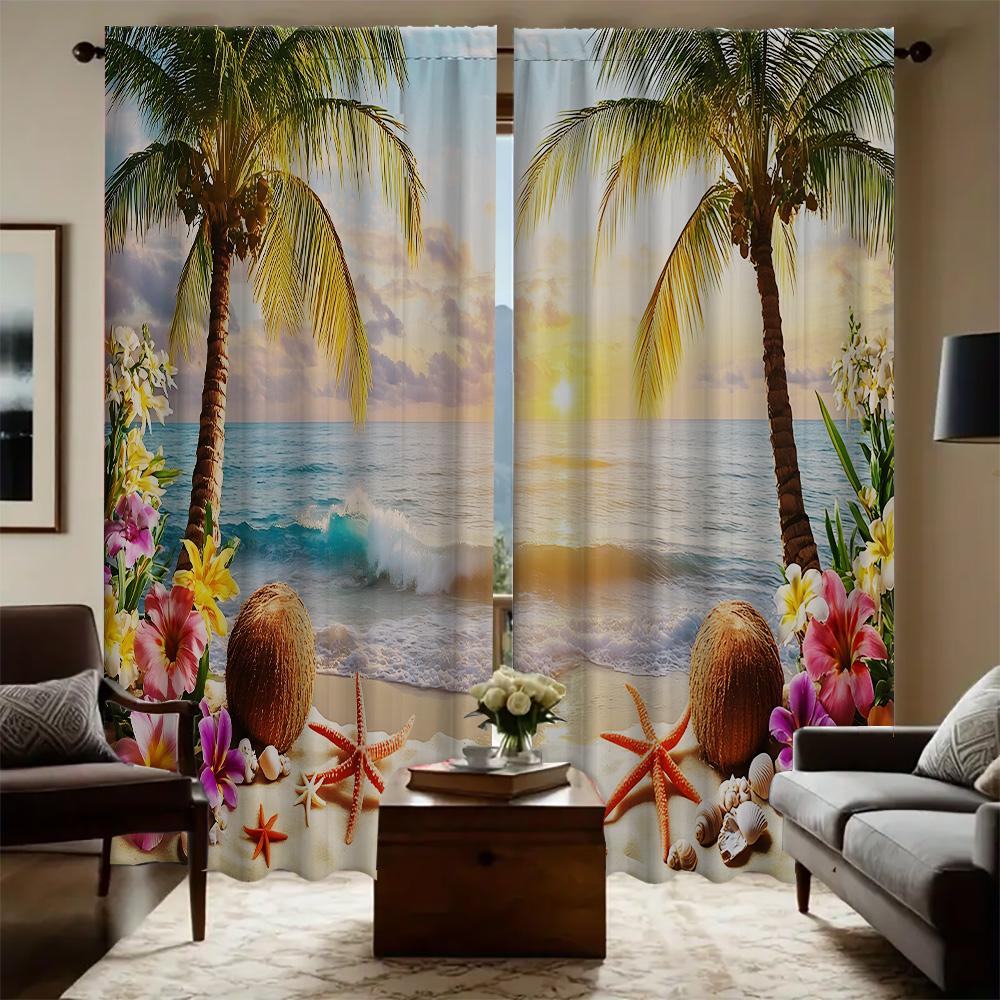 2PC Home Coconut Tree Sea View Curtains With Landscape Background And Pole Pocket Curtains, Kitchen, Coffee Shop, Living Room, B