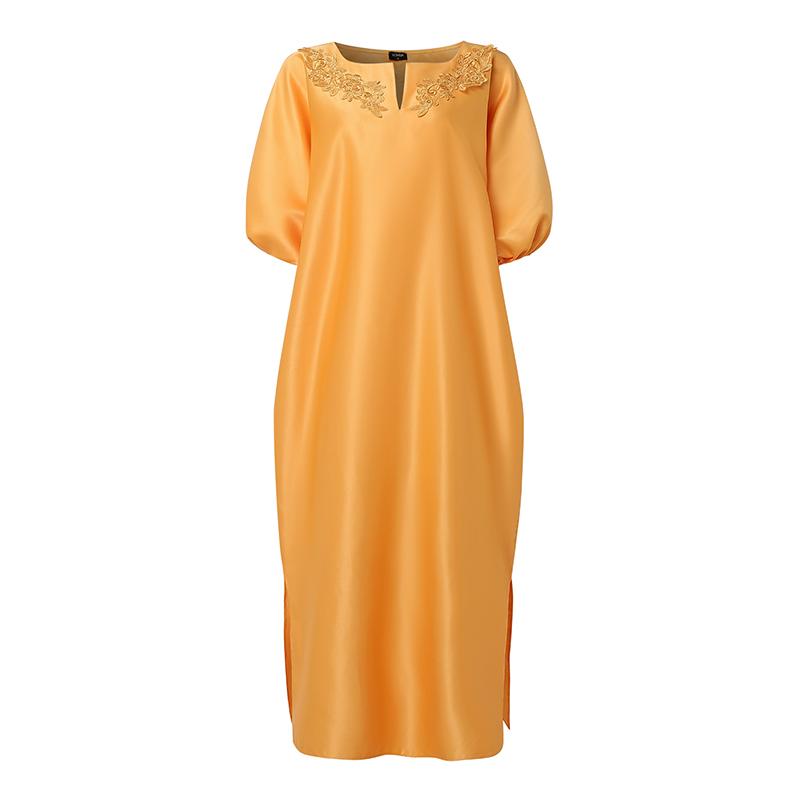 Oversized Women Puff Sleeve Embroidery Patchwork Casual Loose Maxi Kaftan Dress
