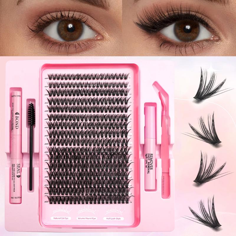 Natural Dense Sectional False Eyelashes with Quick-Set Glue and Tweezers for Beginners