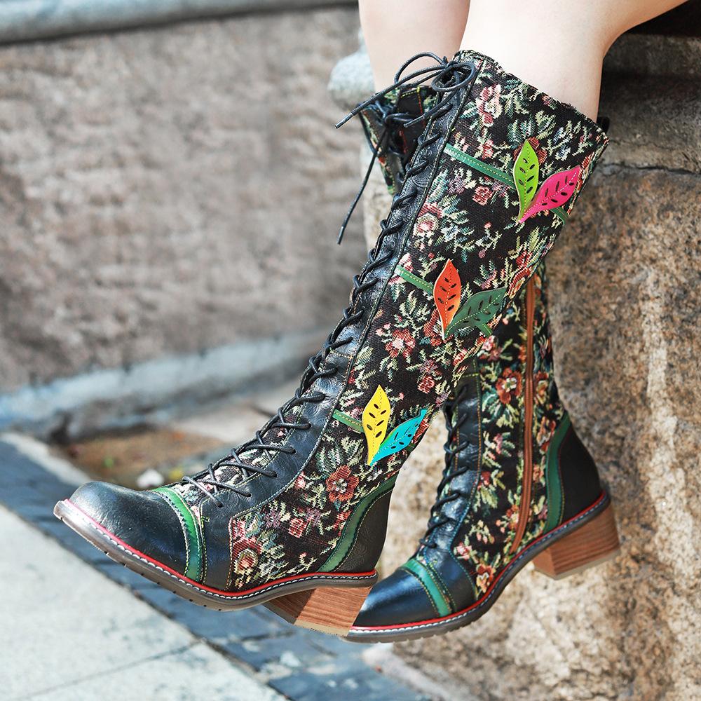 Johnature Botas largas de cuero genuino para mujer, zapatos hechos a mano con estampado Retro, Color a juego, con cordones, hasta media pantorrilla