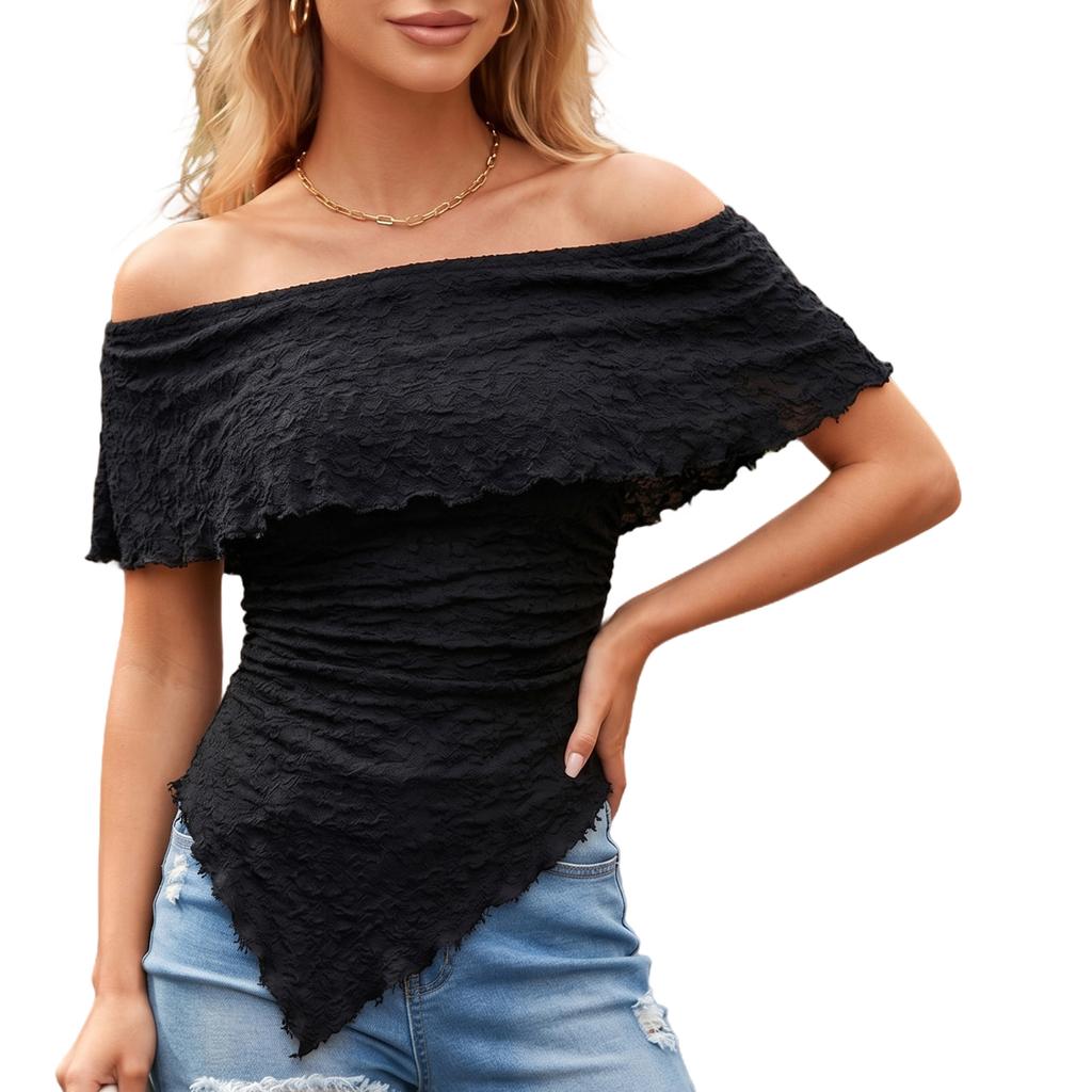 Off Shoulder One Shoulder Top Slim Fit Textured Stretchy Fabric Blouse Casual Summer Shirt for Women