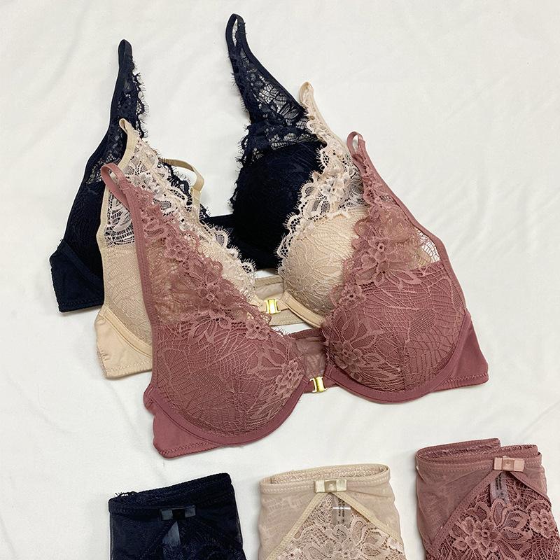Sexy Front Closure Bra+Brief Sets Small Girl Lingerie Set Push Up Lace Bralette Underwear Brassiere Intimates