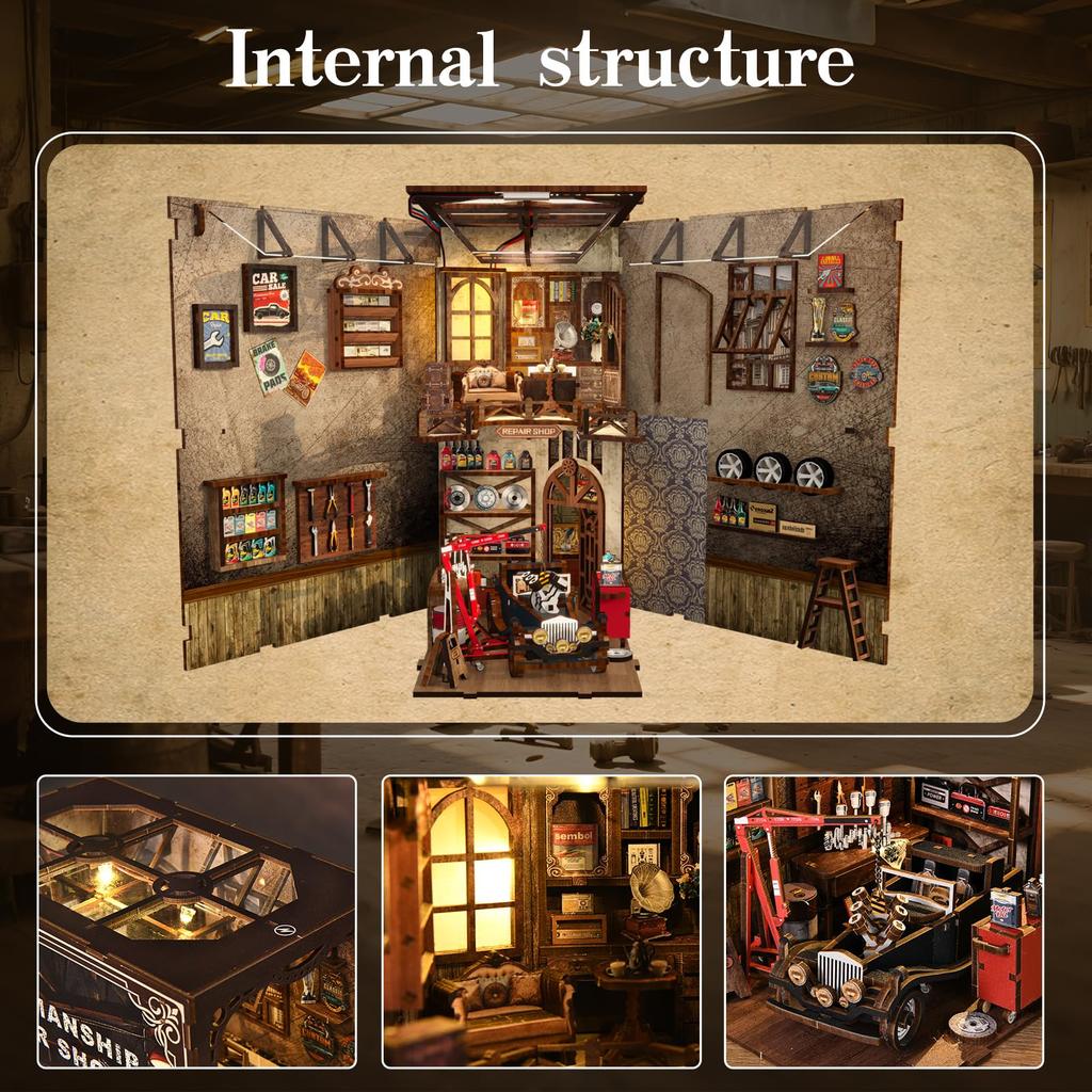 Tecnock3D 3D Book Nook DIY Miniature Wooden Assembly Kit with LED Exquisite Interior Gift for Adults and Hobbies Car Repair Kit, Diorama, House,