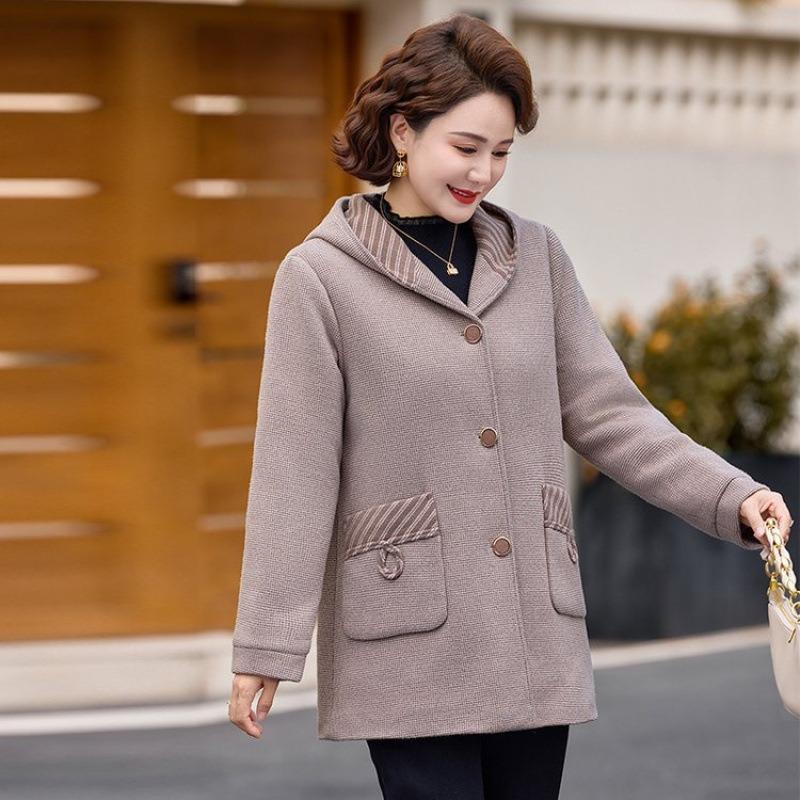 

Новое шерстяное пальто с капюшоном для женщин среднего возраста, зимняя одежда для мамы, повседневное благородное шерстяное пальто средней длины 5XL [Recommended 150-80 kg] легкие хаки