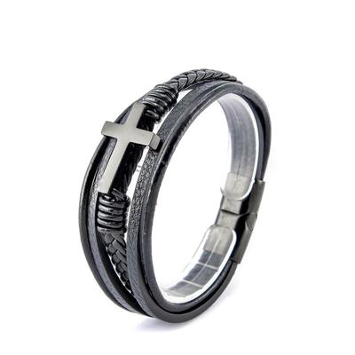 Stainless Steel Cross Pendant Leather Braided Layered Bracelet Men Geometric Design Ins Style Adjustable Length