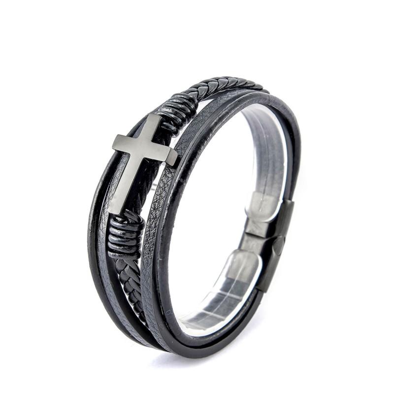 Stainless Steel Cross Pendant Leather Braided Layered Bracelet Men Geometric Design Ins Style Adjustable Length