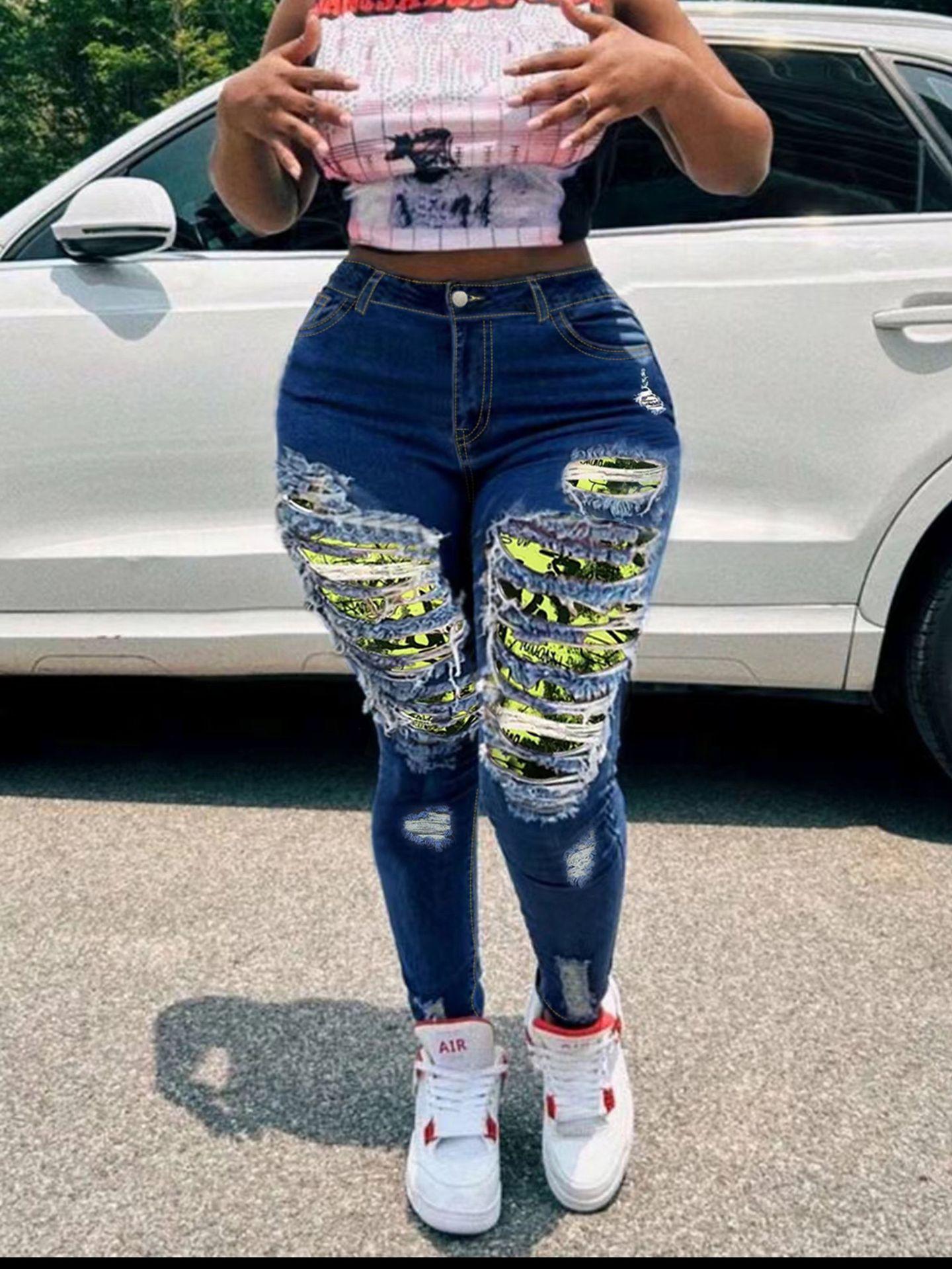 

High-Waist Ripped Skinny Jeans with Peach Buttock Design for Women M темно-синий