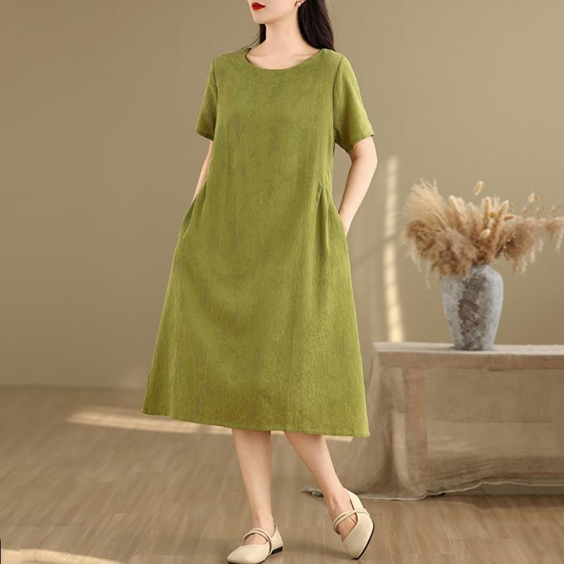 Short Sleeve Plus Size Cotton Linen Vintage Floral New In Dresses for Women Casual Loose Long Summer Dress