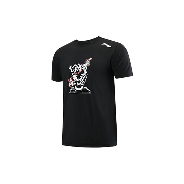 Li Ning Badminton Collection T Shirts Men's Black Crew Neck Moderate Straight Fit AHSR987-2