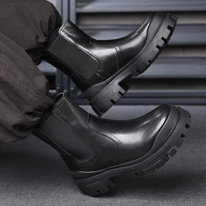 High Top Slip on Shoes High Quality Leather Outdoor Men Basic Boots Non-slip Walking Boots Male British Style Motorcycle Boots