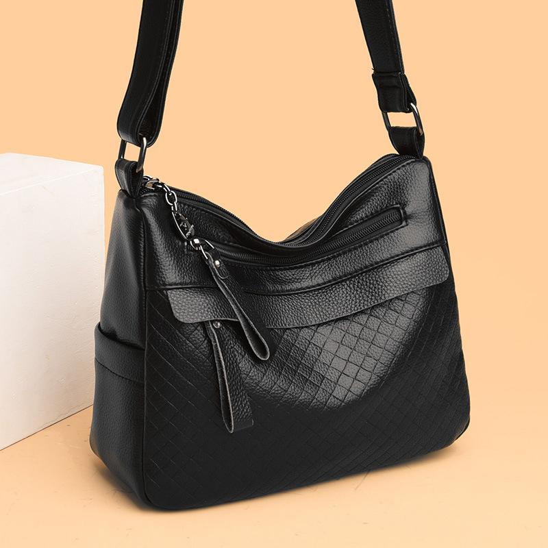 Middle-aged Handbag Embossed Diamond Pattern Shoulder Bag 2025 New Multi-layer Soft Leather Solid Color Large-capacity Multi-pocket Crossbody Bag