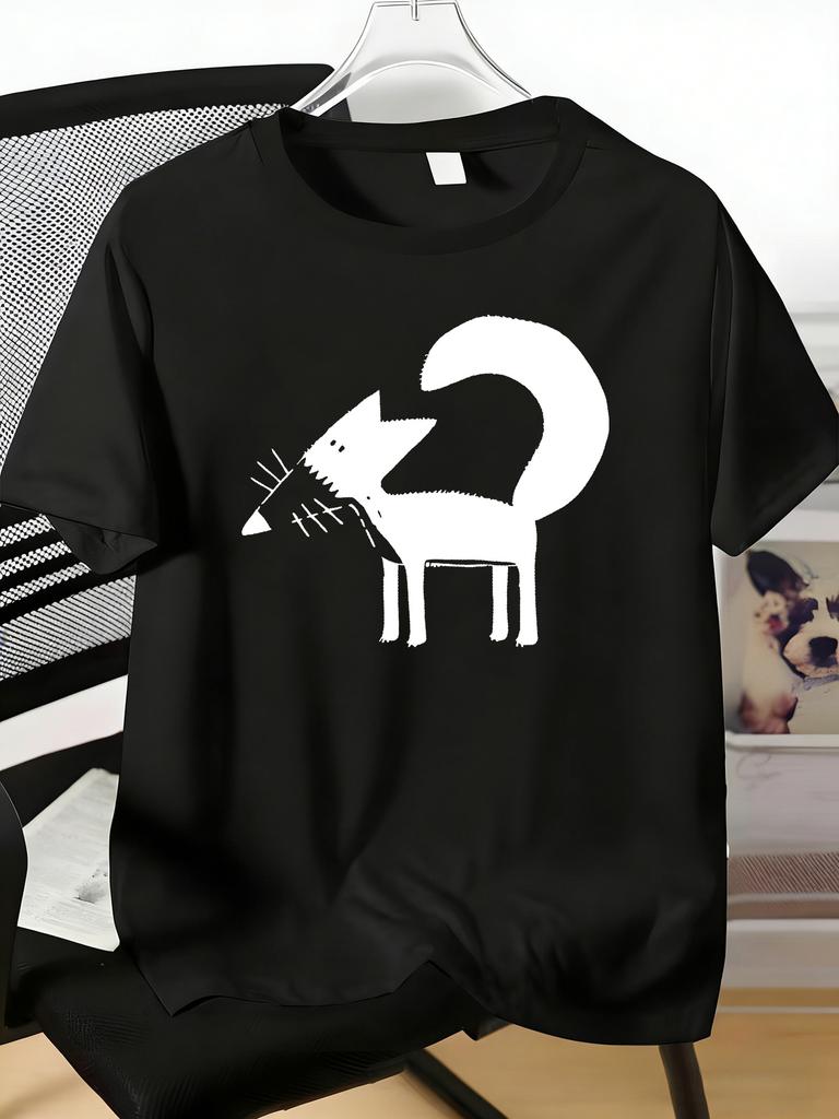 Unisexs Tee Minimalist White Line Art Fox Cartoon Print Cotton Short Sleeve Male Casual Streetwear Outdoor Daily Basic Fashion Top