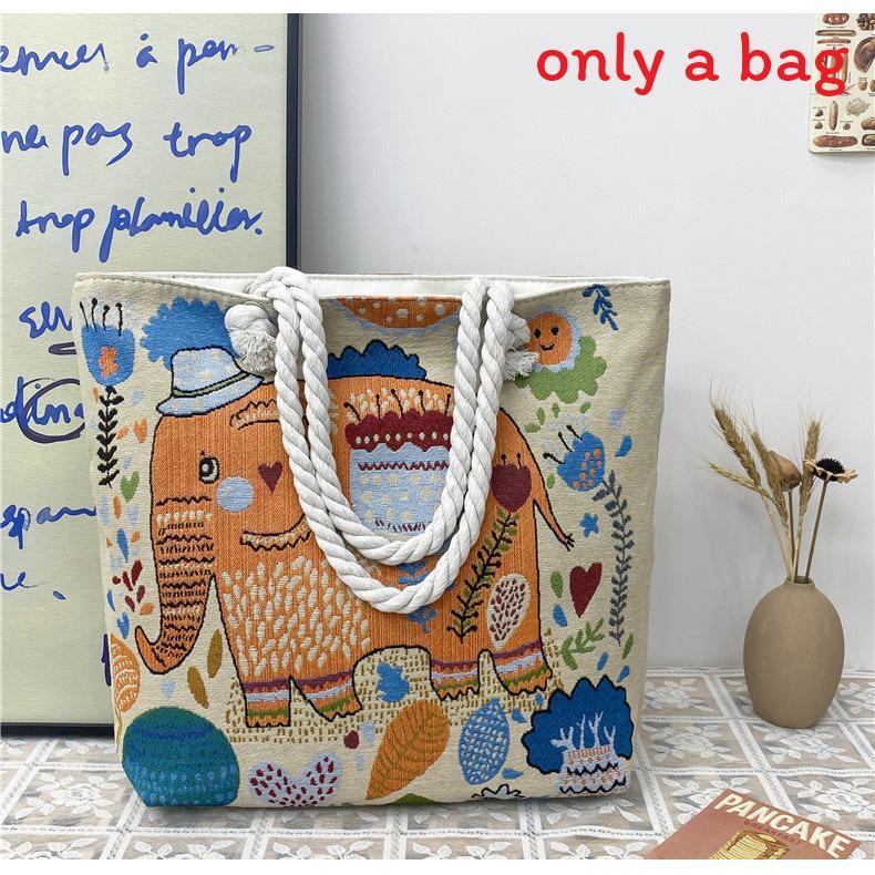 Ethnic Style Elephant Embroidered Canvas Shoulder Bag With Cotton Rope Strap For Casual Travel