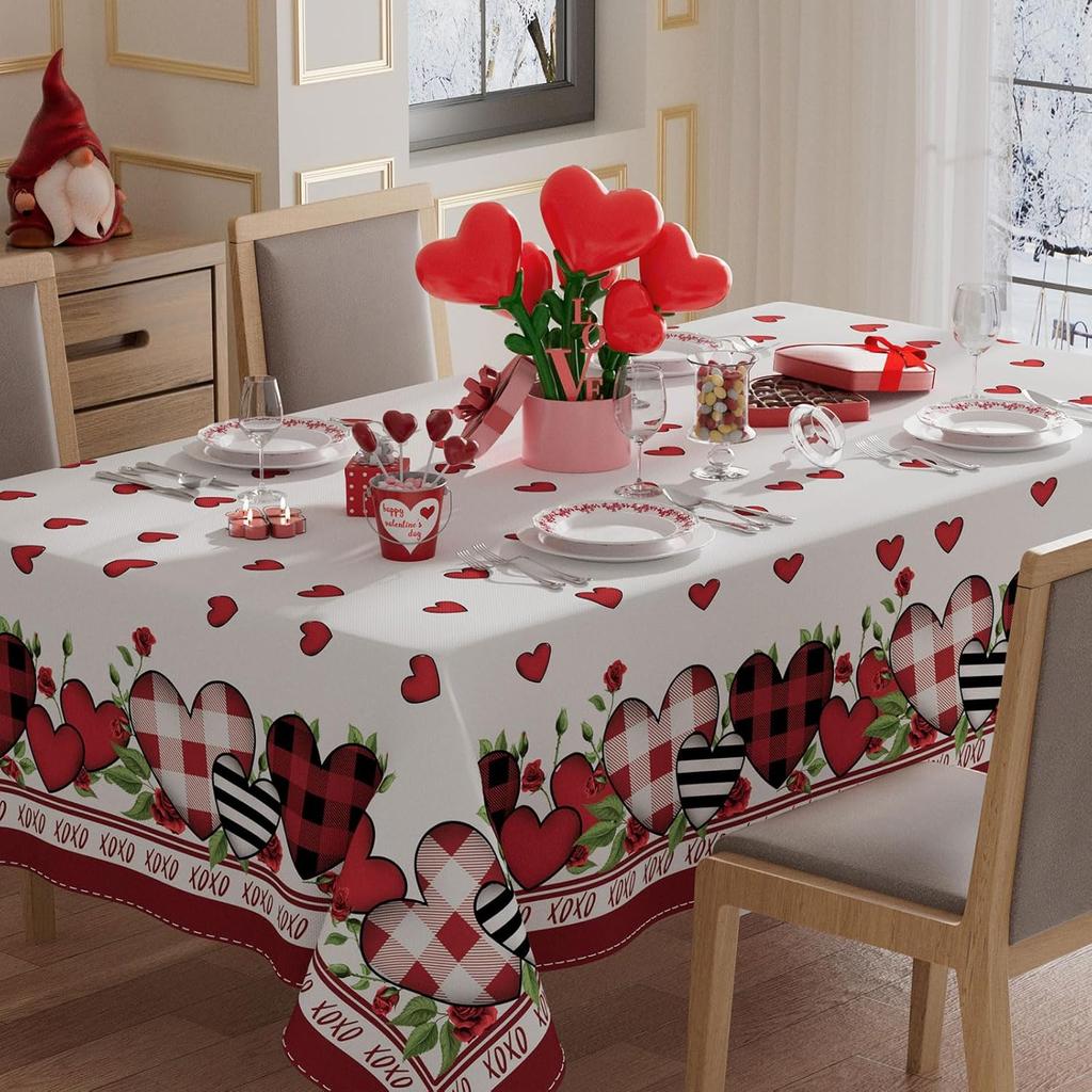XCHI Plaid Love Hearts Valentine’s Day Tablecloth Rectangle Table Cloth Washable Table Covers for Indoor Outdoor Dining Home Party Decorations