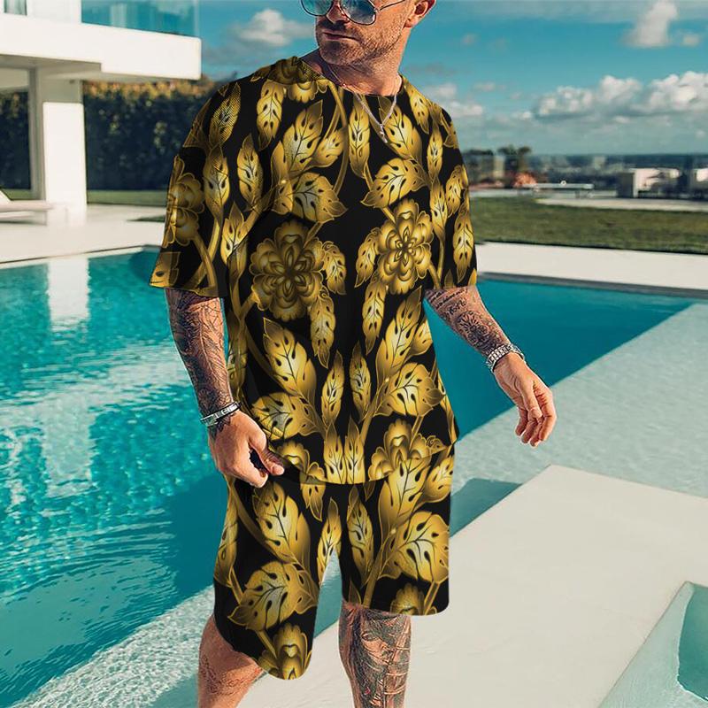 Summer Quick Drying Men's Sports Set 2-Piece 3D Printing Gold Line Black Set European Luxury Style Men's T-shirt+Beach Pants