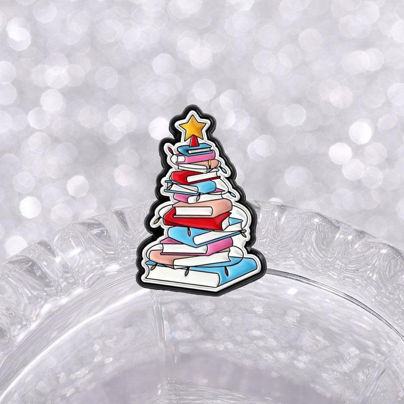 Christmas Books Tree Enamel Pins Bookworm Brooches Lapel Badges Cartoon Bookish Reading Jewelry Gift for Reader Friends
