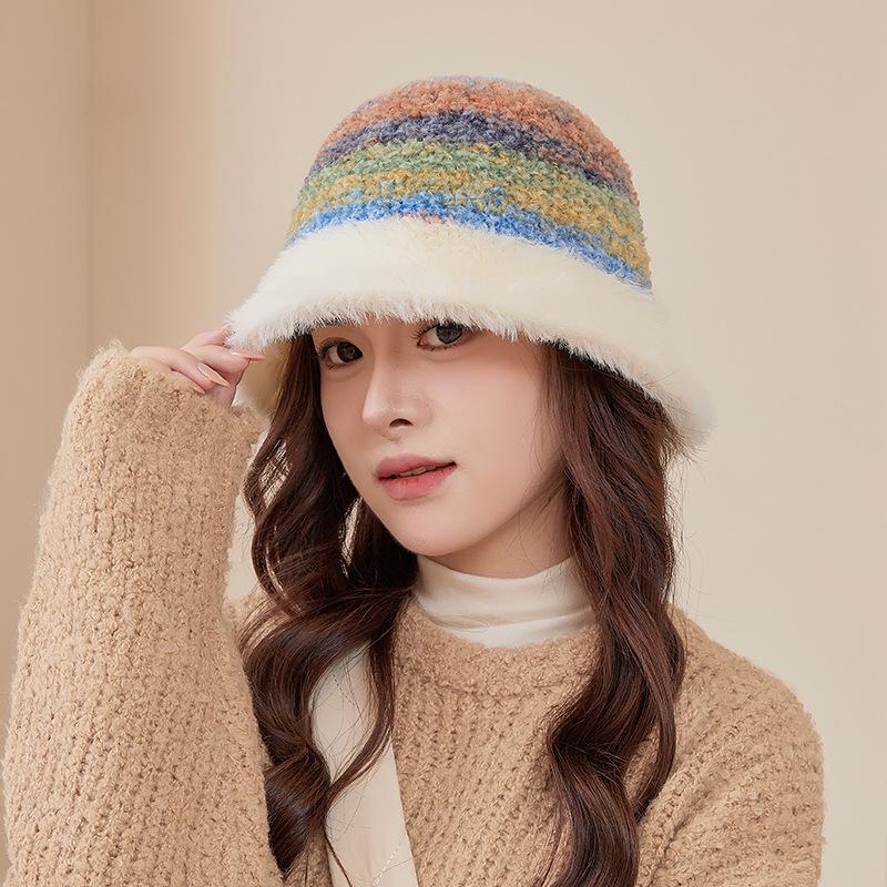 Rainbow Striped Bucket Hat Women's Fashion Thickened Plush Hat Autumn and Winter Outdoor Basin Hat