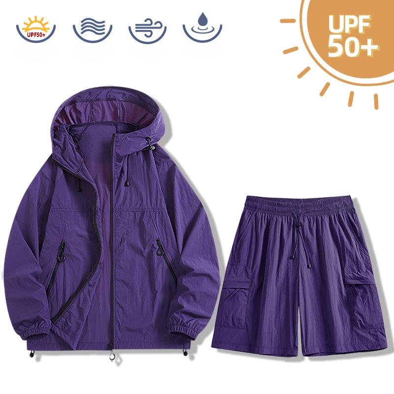 Summer Men's Ice Sunscreen Suit Hooded Jacket and Shorts Set Lightweight Quick Drying Two Piece Set Couple Style