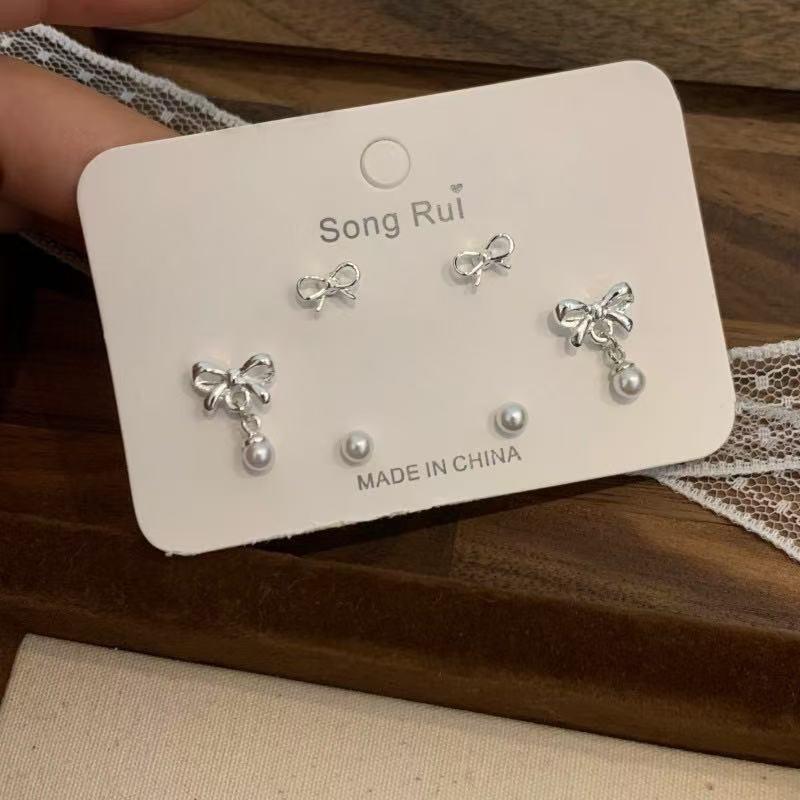 3 Pairs Silver Bow Pearl Stud Earrings Set Stud Earring Perfect For Daily Wear Dates Parties Women Jewelry Accessories