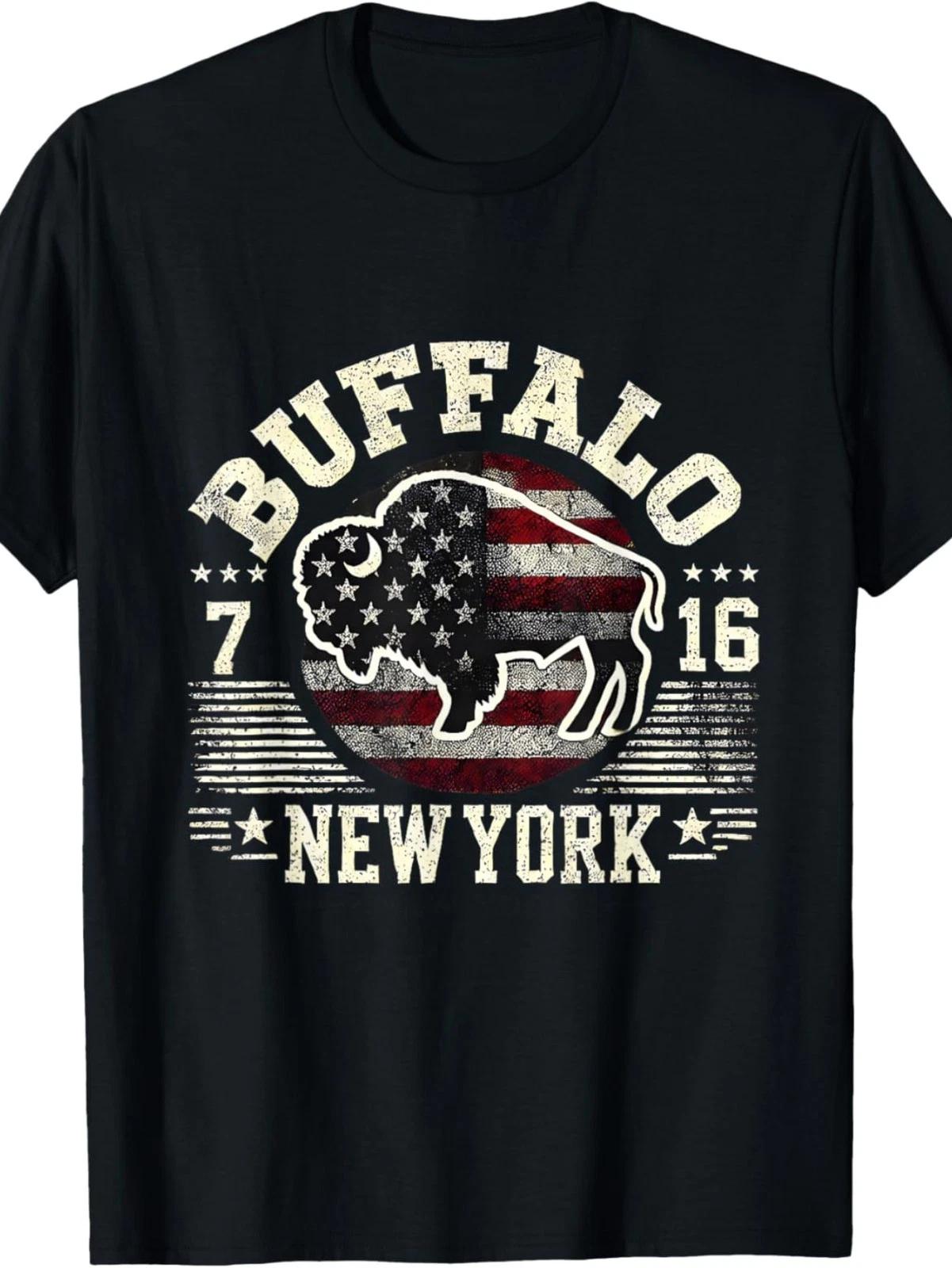 Buffalo New York Patriotic Bison T-Shirt - Vintage USA Flag Graphic Tee XXL