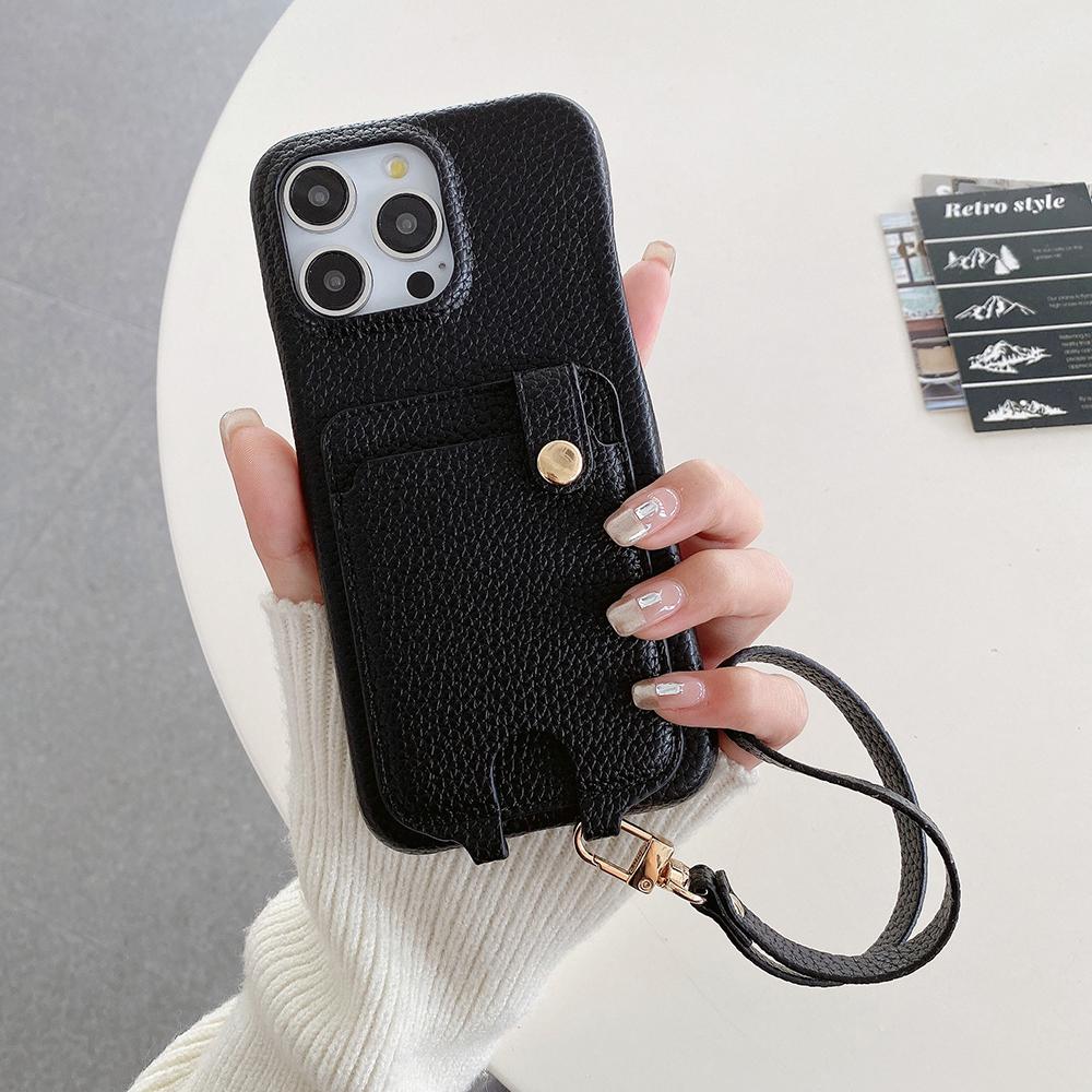 

For iPhone 15 Pro Max Case Multi-Functional Card Slots Leather Back Cover with Wrist Strap Black