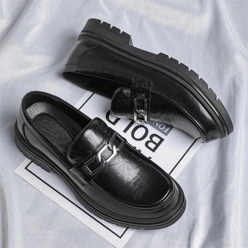 Mens Leather Metal Buckle Loafers Breathable Thick Soled Business Round Toe Leather Shoes Slip on Wedding Shoes Casual for Male