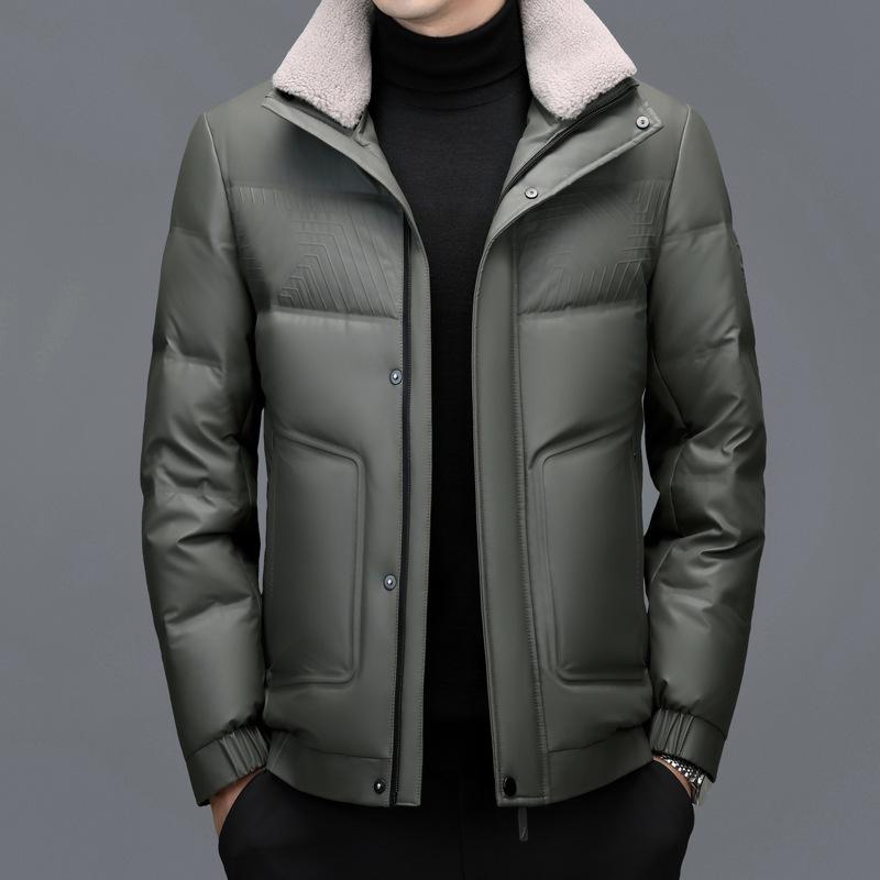 Men's Thickened Genuine Leather Down Jacket - Plus Size, Middle-Aged & Elderly, Winter Turn-Down Collar Outerwear, Loose Fit