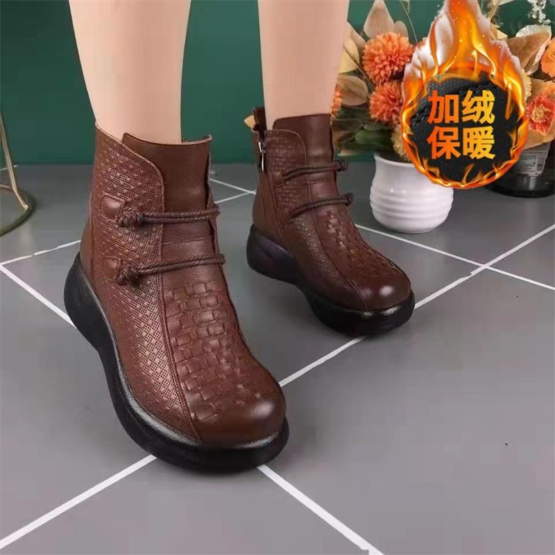 

Small short boots women s soft leather round head boots autumn and winter soft-soled velvet thermal shoes retro cotton boots 41
