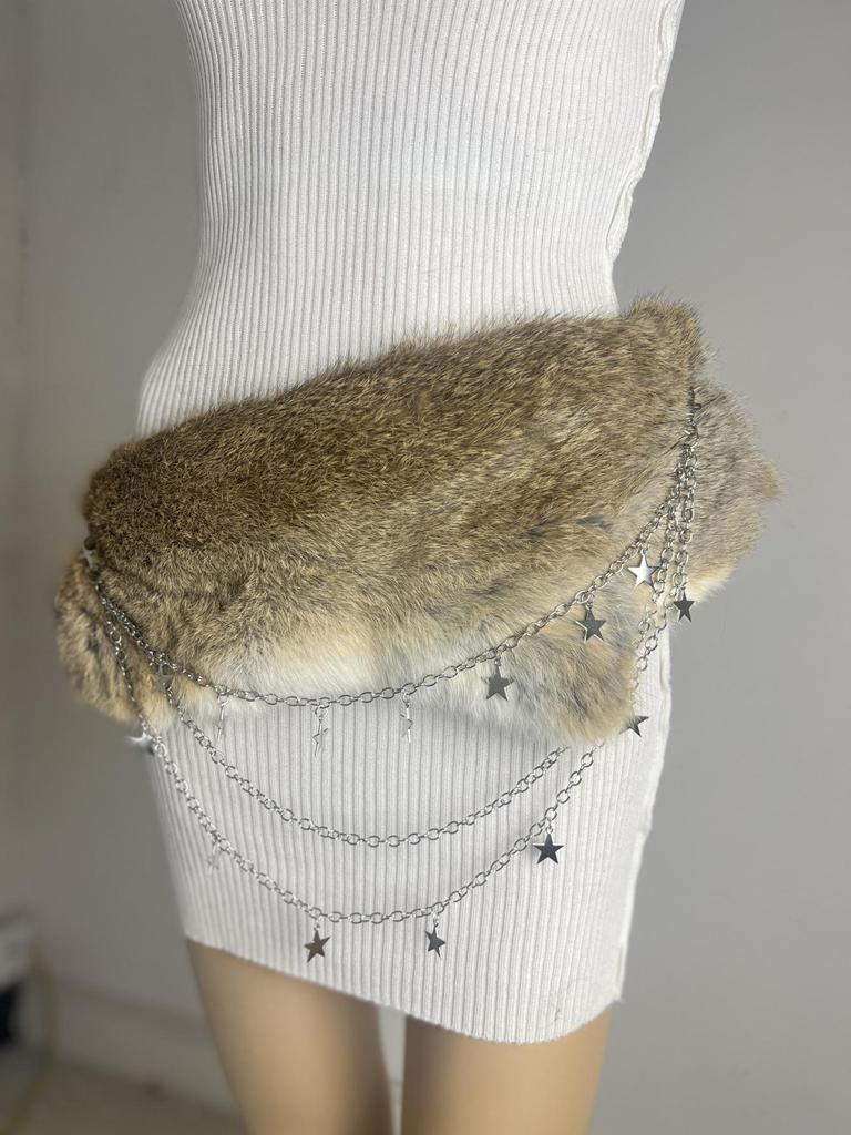 Sparkly Rhinestone Faux Fur Patchwork Waist Belt with Pin Buckle - Y2K Leather Eyelet Design