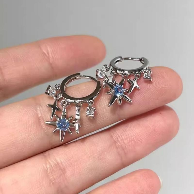 Blauer Zirkon Achtzackiger Stern Anhänger Ohrringe Für Frauen Silberfarbe Stern Quaste Ohrbügel Y2K Schmuck Geschenk
