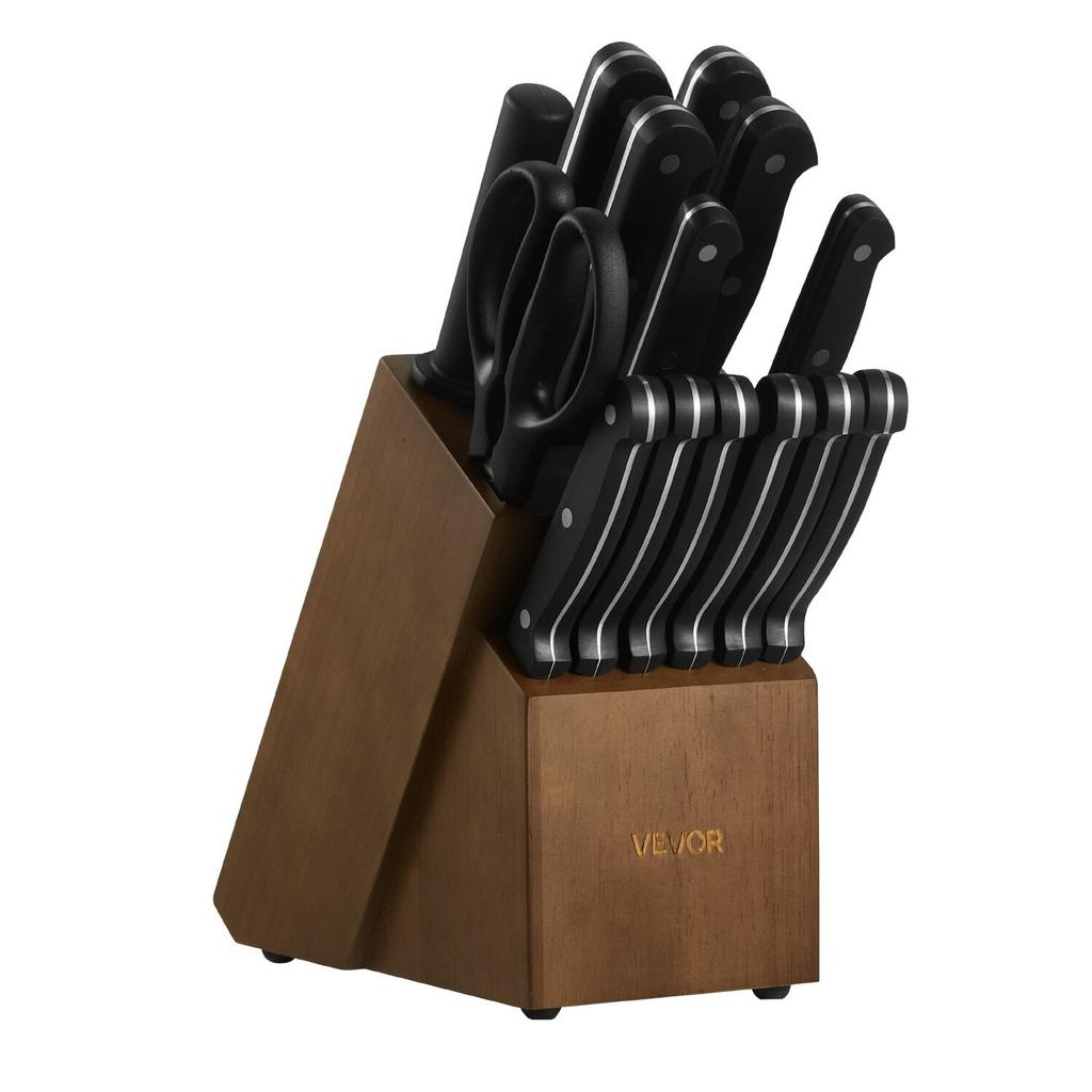 Kitchen Knife Set with Block and Sharpener, 15 Piece German High Carbon Stainless Steel Knife Set, Kitchen Cutlery with ABS Ergonomic Handle,