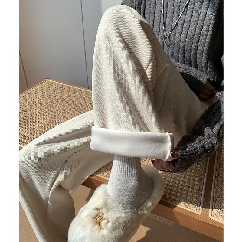 

Женские бежевые трикотажные брюки с высокой посадкой и широкими штанинами, облегающего кроя, для весны и осени, на флисовой подкладке для зимы XL 60-68 kg