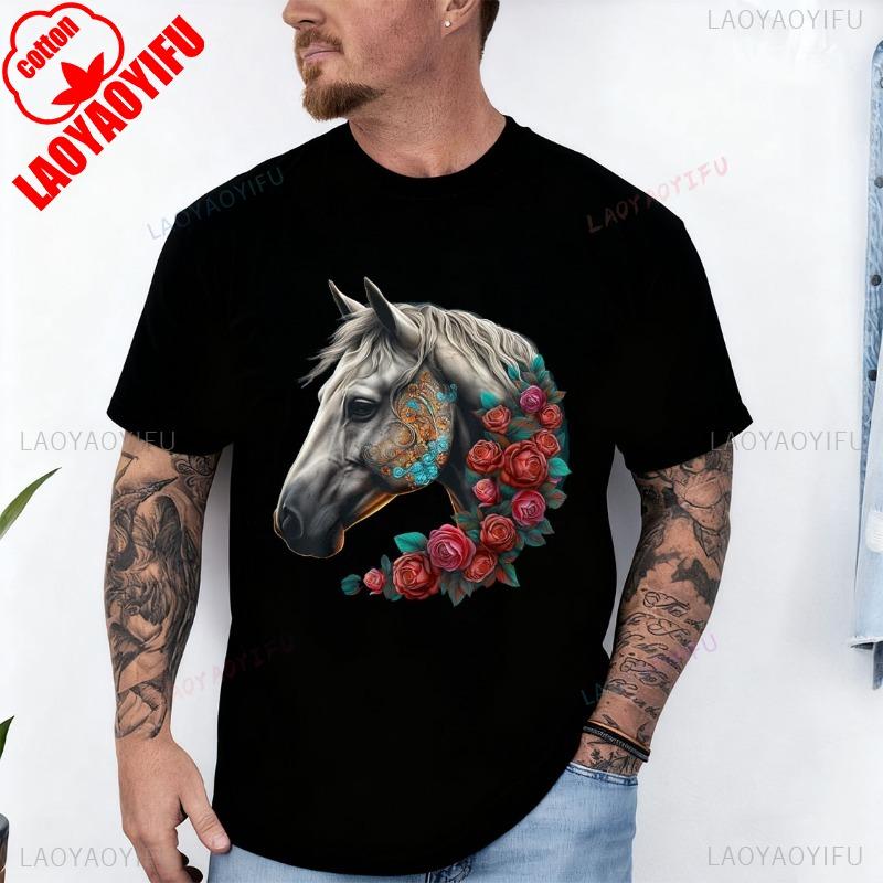Horse Mandala Flower Animal Motif Horse Cotton TShirt Men and Women Crew Neck Short Sleeve Soft Casual Outdoors Fashion Tees