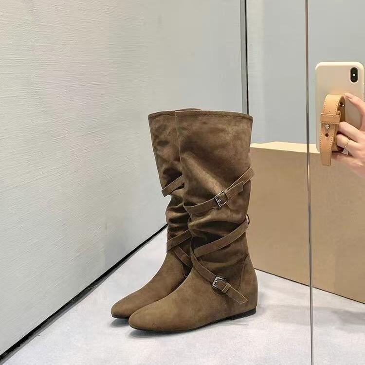 [Spot version] Norwegian stacking boots~ 5cm inner height increase cross buckle medium and high cowboy boots women's western boots