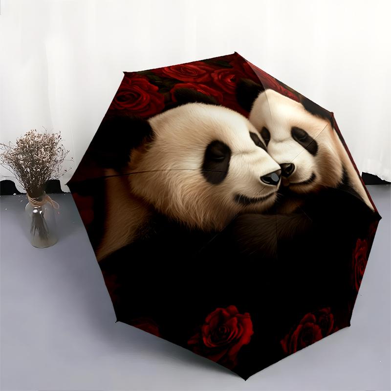 Panda and Rose Pattern, Automatic Folding Umbrella, Portable and Foldable Design, 8 Ribs, a Christmas or Birthday Gift.