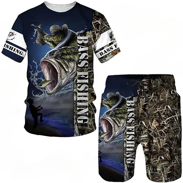T Shirt & Shorts Sets 2piece Suit for Mens Fish Pattern Print Short Sleeve Tracksuit Leisure 3D Polyester Man's Set