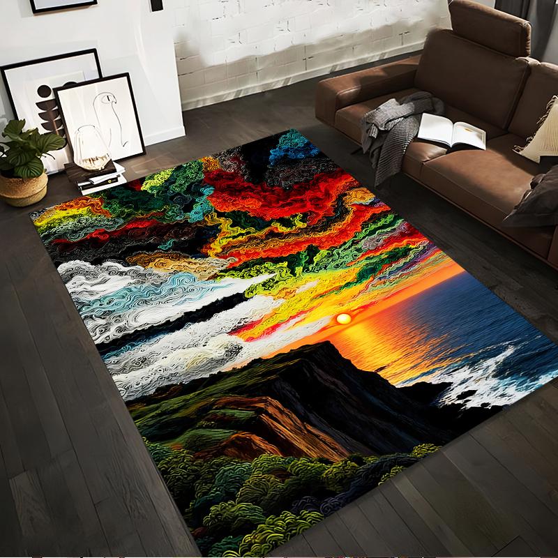 Colorful Sunset Landscape Carpet with Ocean View and Artistic Waves Suitable for use as an anti-slip for living room bedroom sofas
