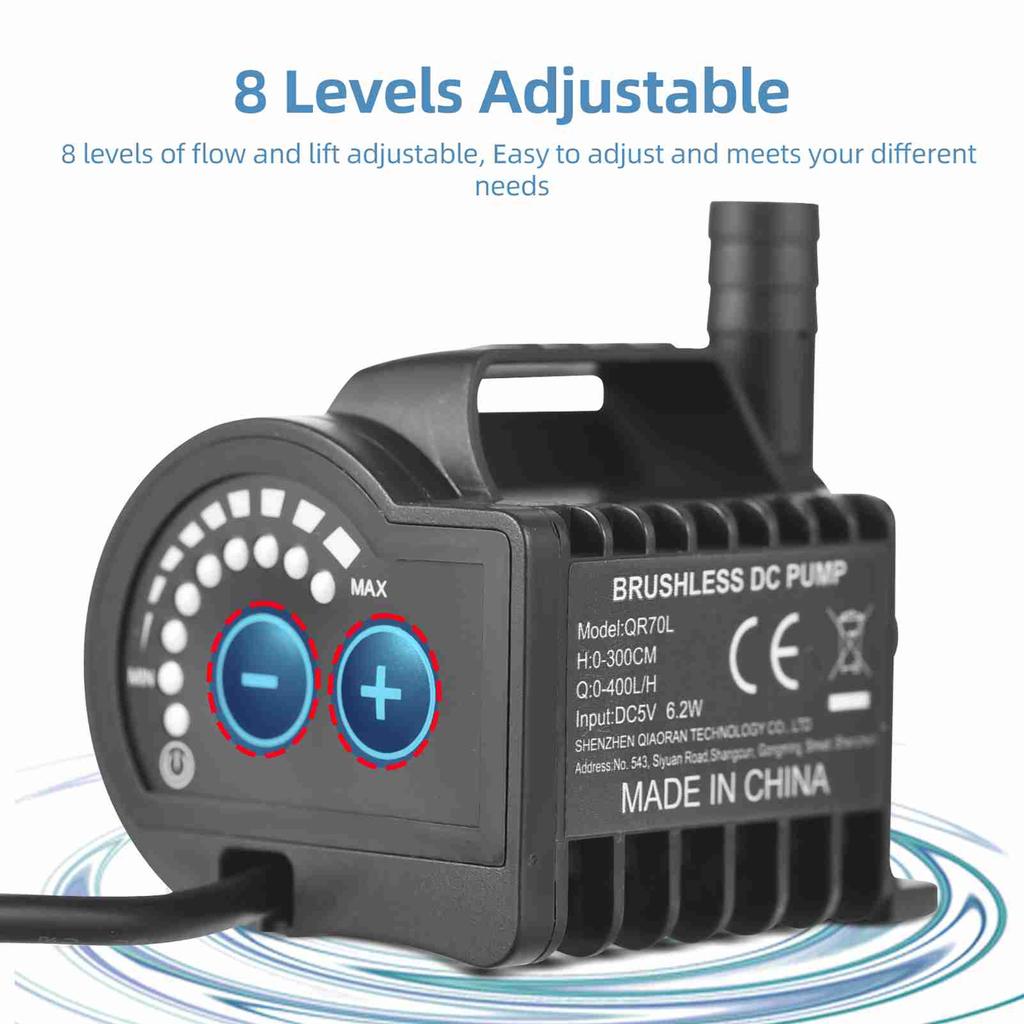 Submersible 5V Water Pump 8 Levels Adjustable 0 600L H Small Fountain Pump with 0 7.2ft Lift, 6.5ft USB Charging and