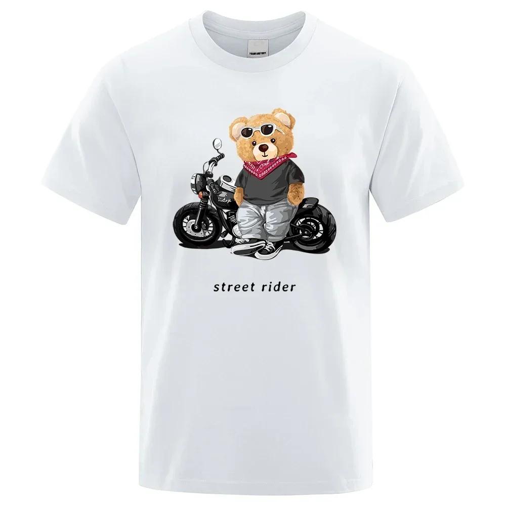 Motorcycle Enthusiast Street Teddy Rider Printed T-Shirt Men Kids Loose Casual Short Sleeves Br