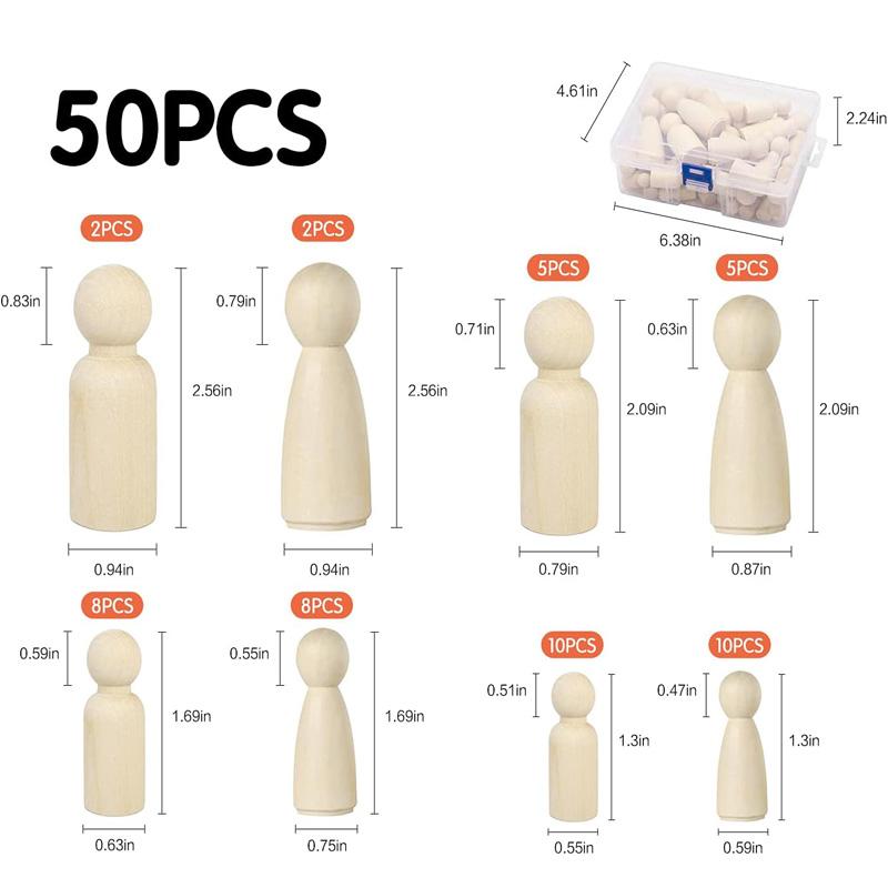 50Pcs Unfinished Wooden Peg Dolls with Storage Box Unfinished Peg People Doll Bodies DIY Art Craft Decorative Peg Doll People