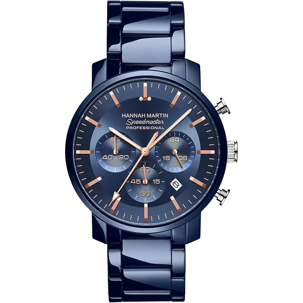 Hannah Martin Men s Chronograph Quartz Watch Stainless Steel Waterproof Business Simple Blue