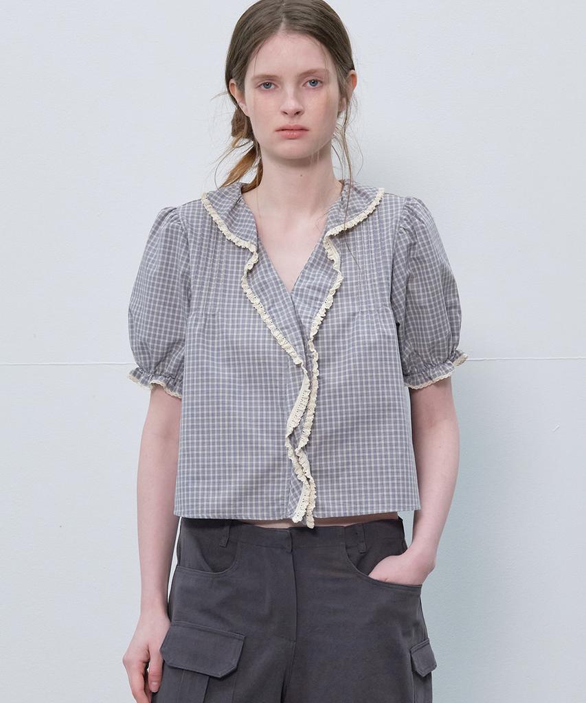 Peulibeo07 Ruffle Shirring Crop Blouse [Frsp06Bl05]_Sky Blue