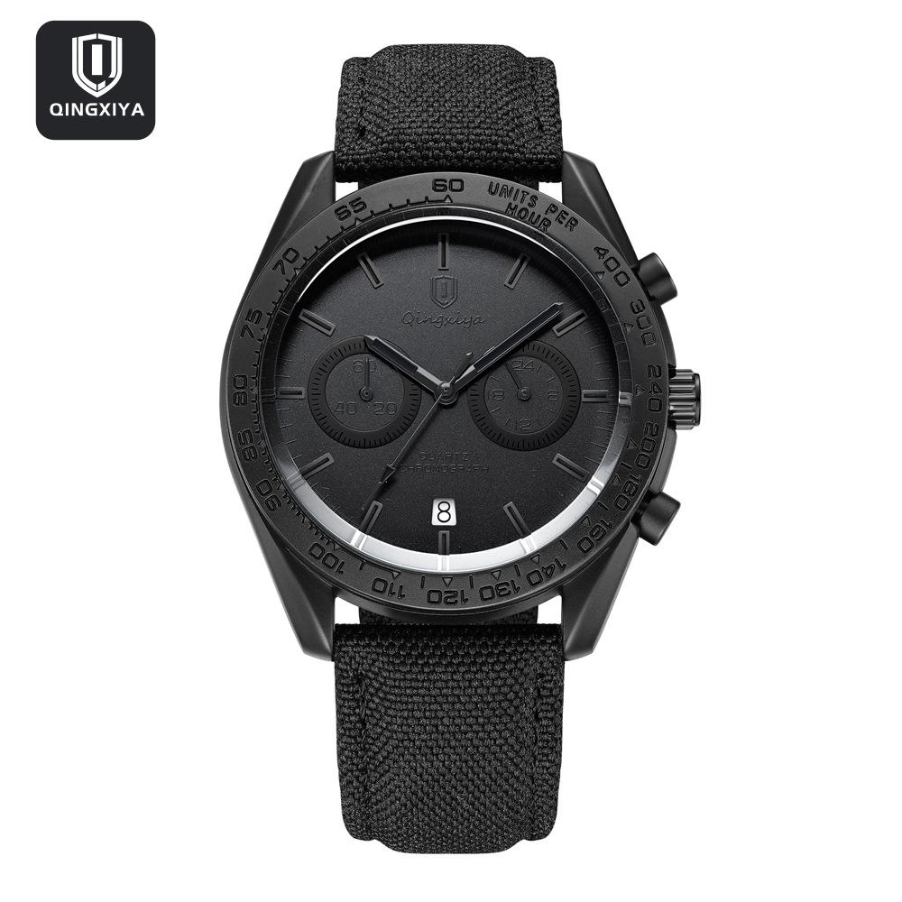 

Fashion Black Sport Chronograph Watch for Men Quartz Movement Date Waterproof Leather Strap чёрный