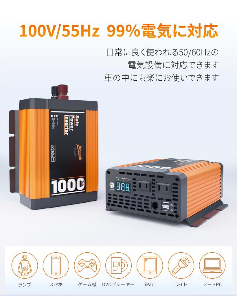 Ampeak 1000W 12V Modifizierte Konvertierung Wandelt DC 12V in AC AC 100V um Doppelte Lüfter zur Stabilisierung und Acht Schutzfunktionen Hohe Effizienz