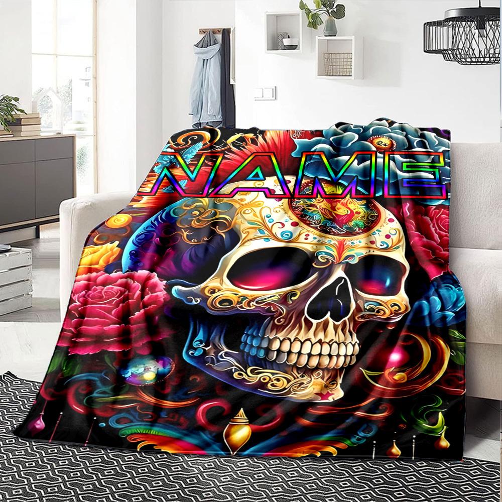 Colorful Skull Adorned With Intricate Patterns And Vibrant Flowers With The Word Prominently Displayed Gift Customizable Blanket Personalized Name