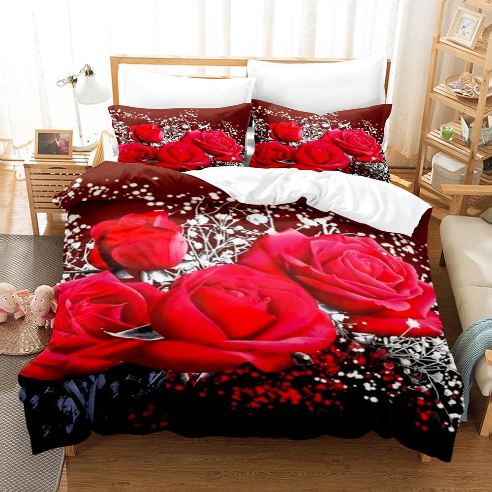 3D Digital Printing Three-Piece Quilt Cover Pillowcase Bed Sheet Quilt Cover Rose Bedding