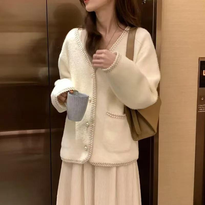 Imitation mink fleece neck sweater cardigan autumn and winter clothing small man wearing knitted coat women