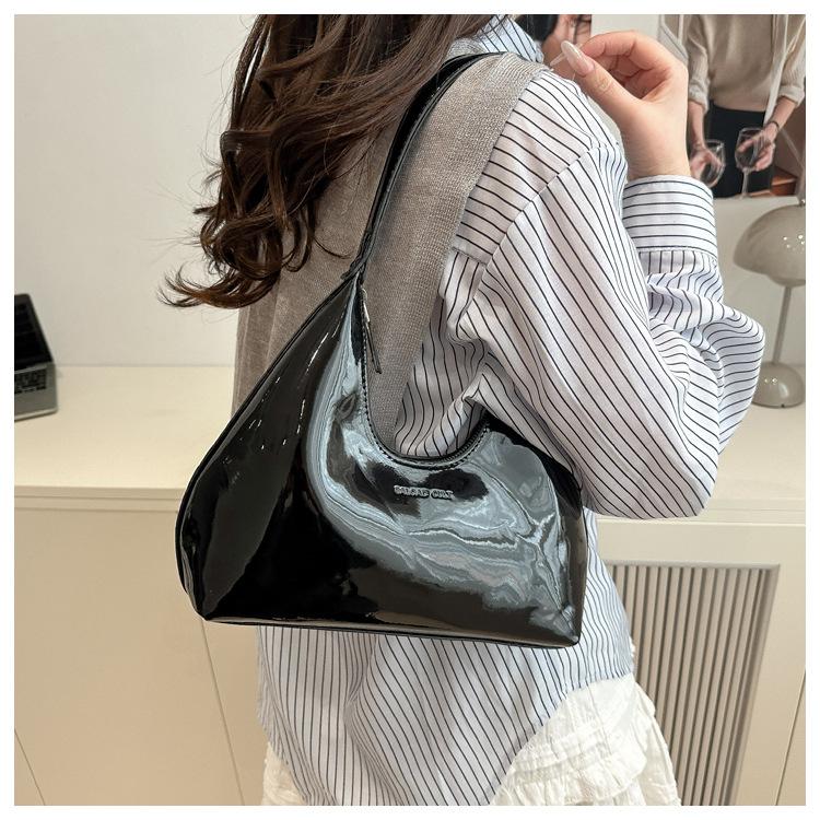 Glossy Faux Leather Crescent Bag for Women Fashionable Handheld Shoulder Purse Trendy Daily Clutch