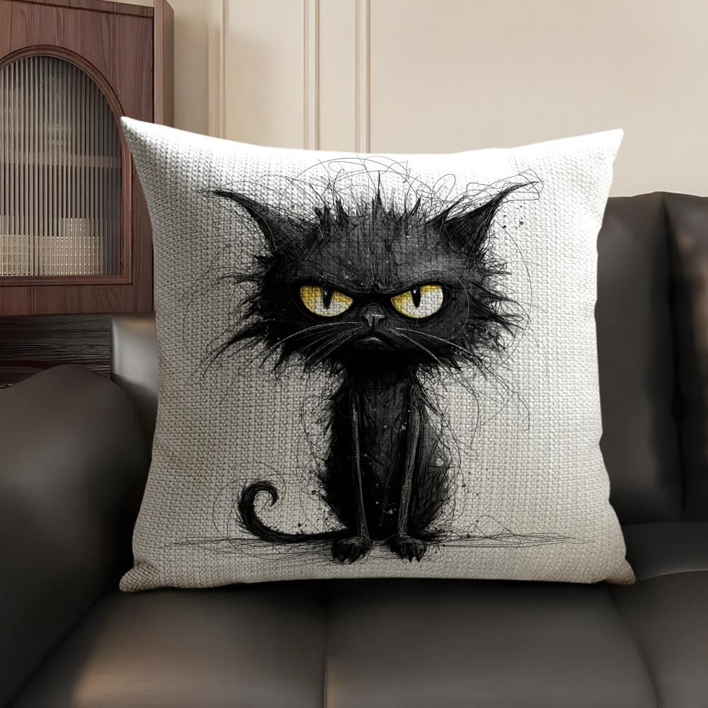Whimsical Cat Art Cushion Cover Natural Linen Organic Fabric DoubleSided Printing Sofa Home Decor Gift Pillow Case