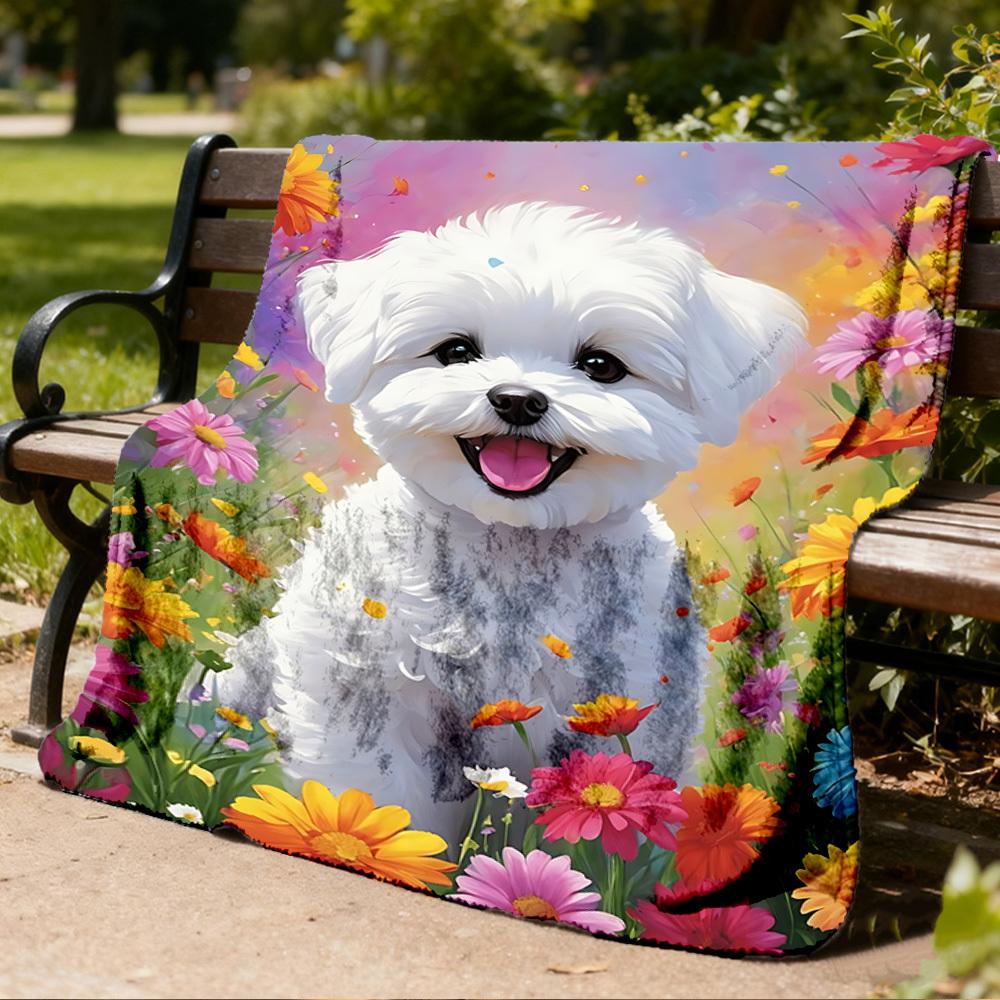 1pc Fluffy White Dog Outdoor Flannel Blanket , Machine Washable Perfect Gift for Birthday , Holiday Travel Accessory , Durable Material